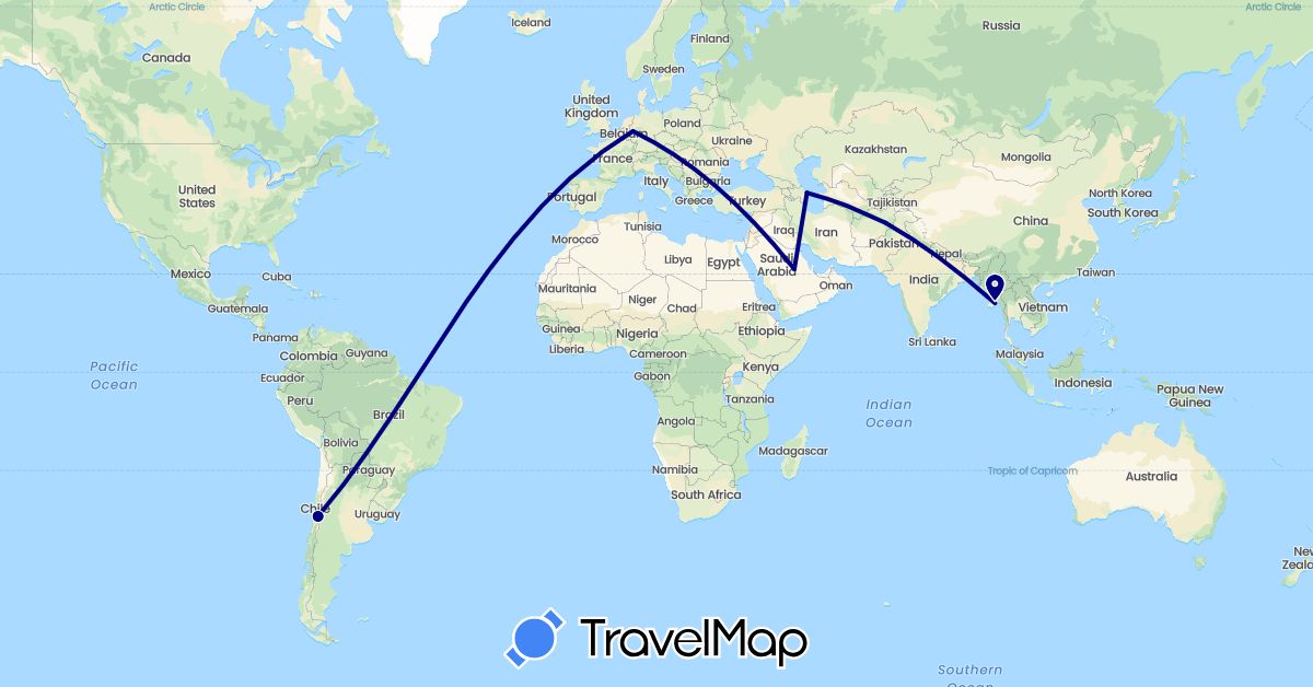 TravelMap itinerary: driving in Afghanistan, Azerbaijan, Chile, Germany, Myanmar (Burma), Saudi Arabia (Asia, Europe, South America)